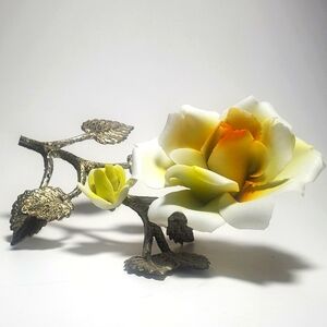 Vintage Hand Painted Porcelain Capodimonte Italian Roses Yellow on Old Brass